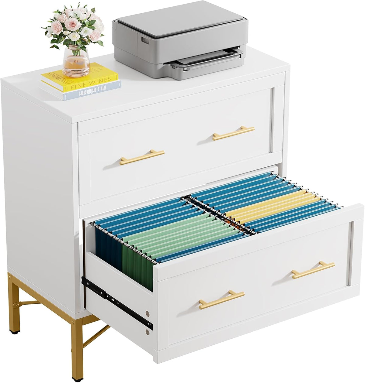 Tribesigns Modern White 2 Drawer File Cabinet, Lateral Filing Cabinet for Letter/Legal/A4 Size, Wood File Storage Cabinets Printer Stand with Storage for Home, Office, White and Gold