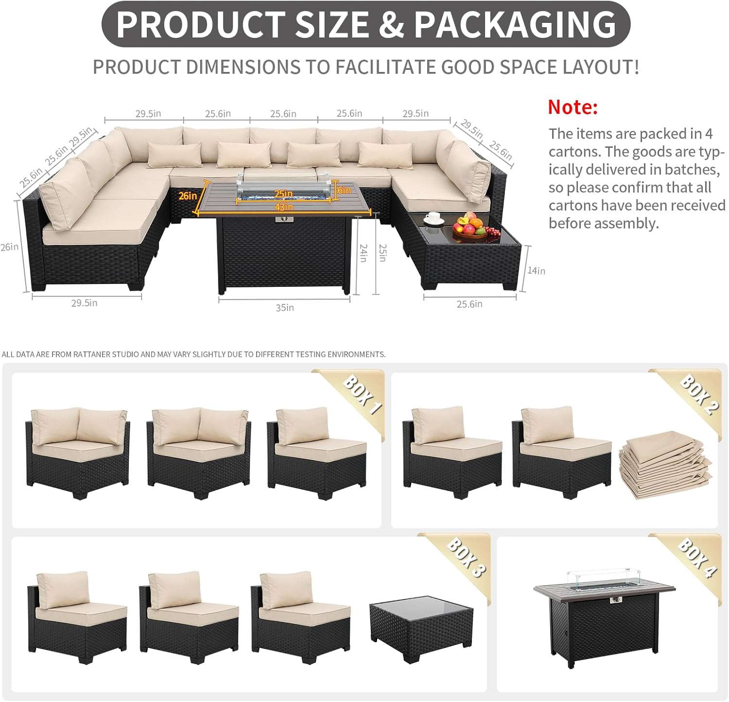 Rattaner 10 Pieces Outdoor Sectional All-Weather Wicker Patio Furniture Set Patio Sectional and Steel Fire Table and Glass Patio Table Non-Slip Cushions and Waterproof Covers, Khaki