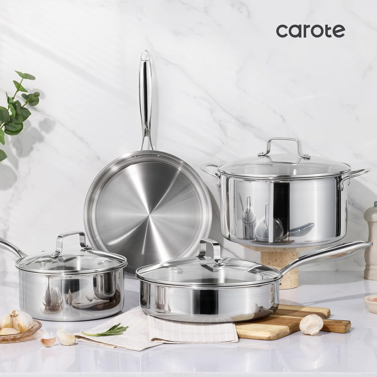CAROTE 21pcs Tri-Ply Stainless Steel Cookware Set, Pots and Pans Set, Non Toxic Induction Kitchen Cooking Sets, Cookware Collection, Mirror Polish, Silver, Mothers Day Gifts