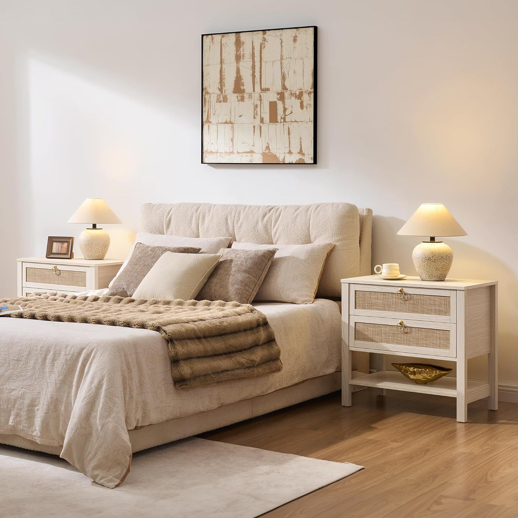 SICOTAS 26.7" Wide Boho Rattan Nightstand, White Oak Bedside Table with 2 Drawers & Open Shelf, Large Side Table for King Size Bed, Modern Coastal Accent Table for Bedroom