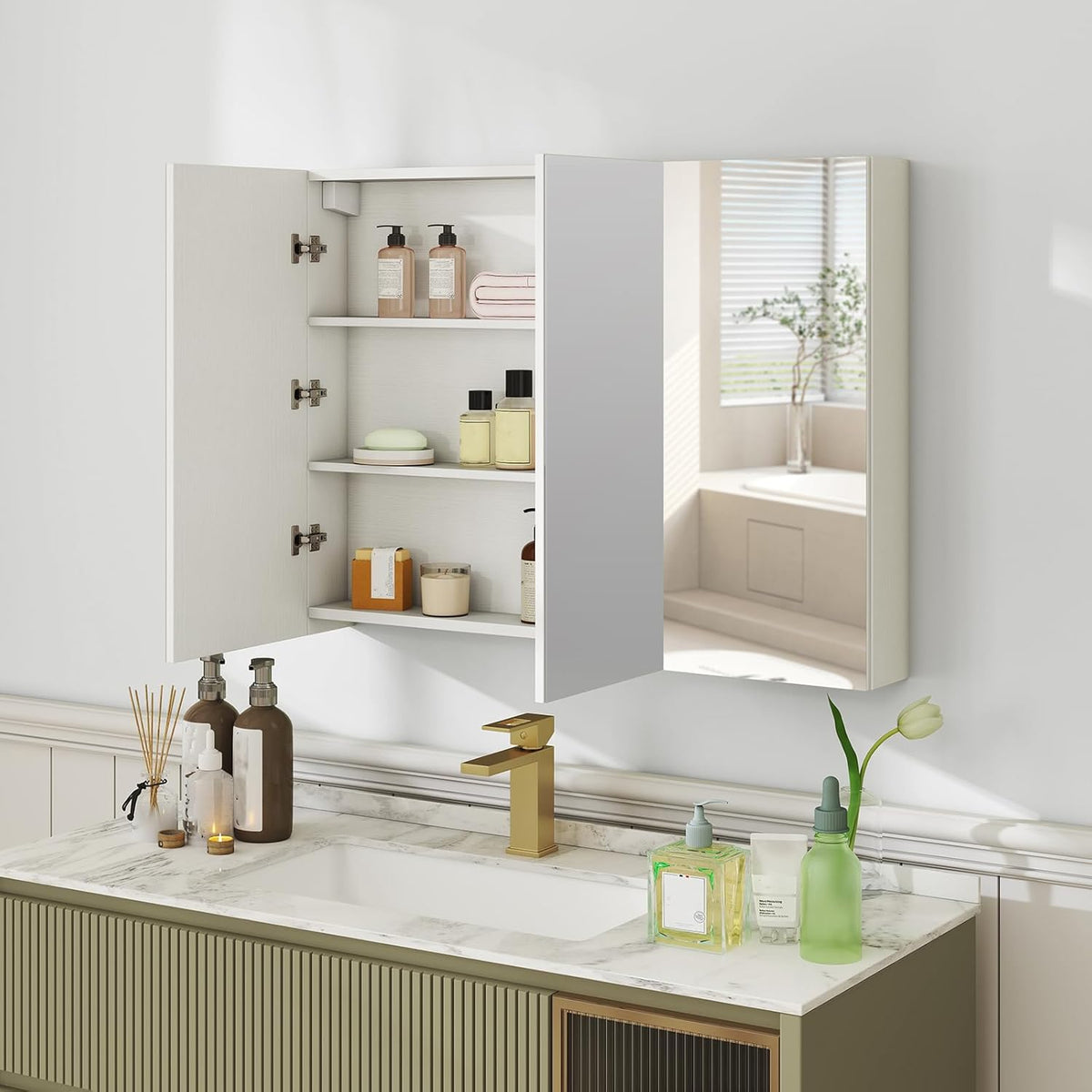 Giantex Bathroom Mirror Cabinet, Wall Mounted Medicine Cabinet with 3 Frameless Mirrored Doors & Mounting Hardware, Hanging Storage Cabinet for Recess or Surface Mount, 35.5” x 25.5”