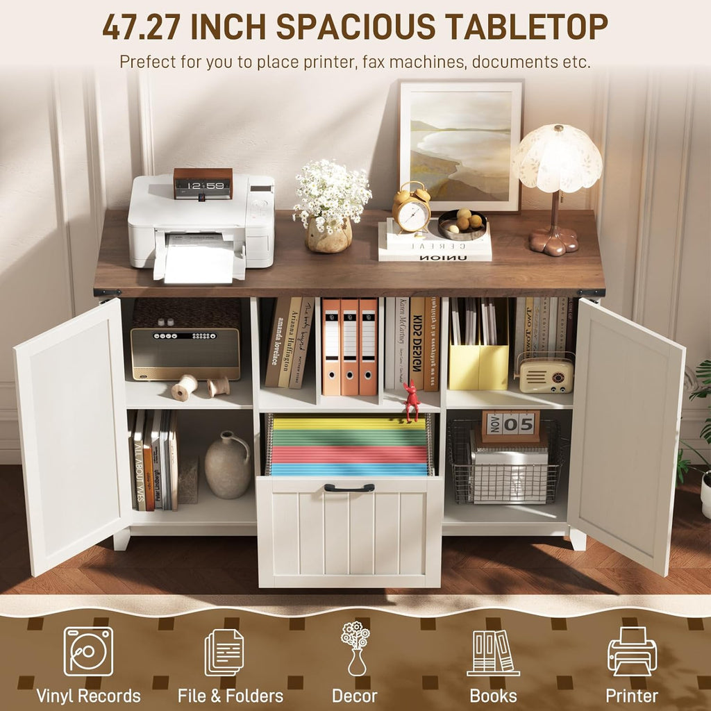 Lateral File Cabinet with File Drawer, Farmhouse Filing Cabinet with Storage Shelves for Legal/A4/Letter Size Hanging Files, Large Modern Printer Stand for Home Office (Rustic White and Brown)