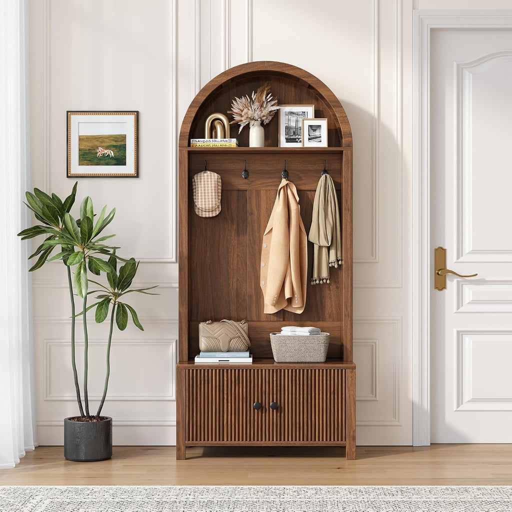 Hall Tree with Bench and Shoe Storage, 4-in-1 Mudroom Entryway Coat Rack & Shoe Storage Cabinet with 4 Hooks, Farmhouse Style Furniture Organizer for Hallway, Foyer, Walnut