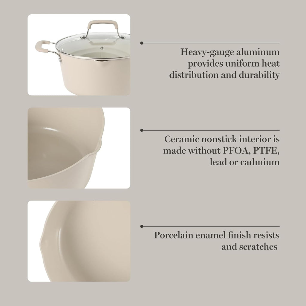 Martha Stewart Heathland Premium Nonstick PFA Free Ceramic Interior 10-Piece Tapered Aluminum Cookware Set - Taupe