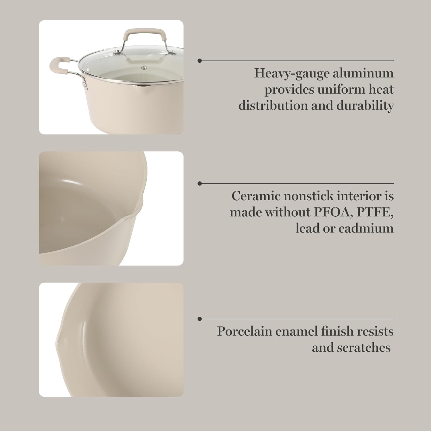 Martha Stewart Heathland Premium Nonstick PFA Free Ceramic Interior 10-Piece Tapered Aluminum Cookware Set - Taupe