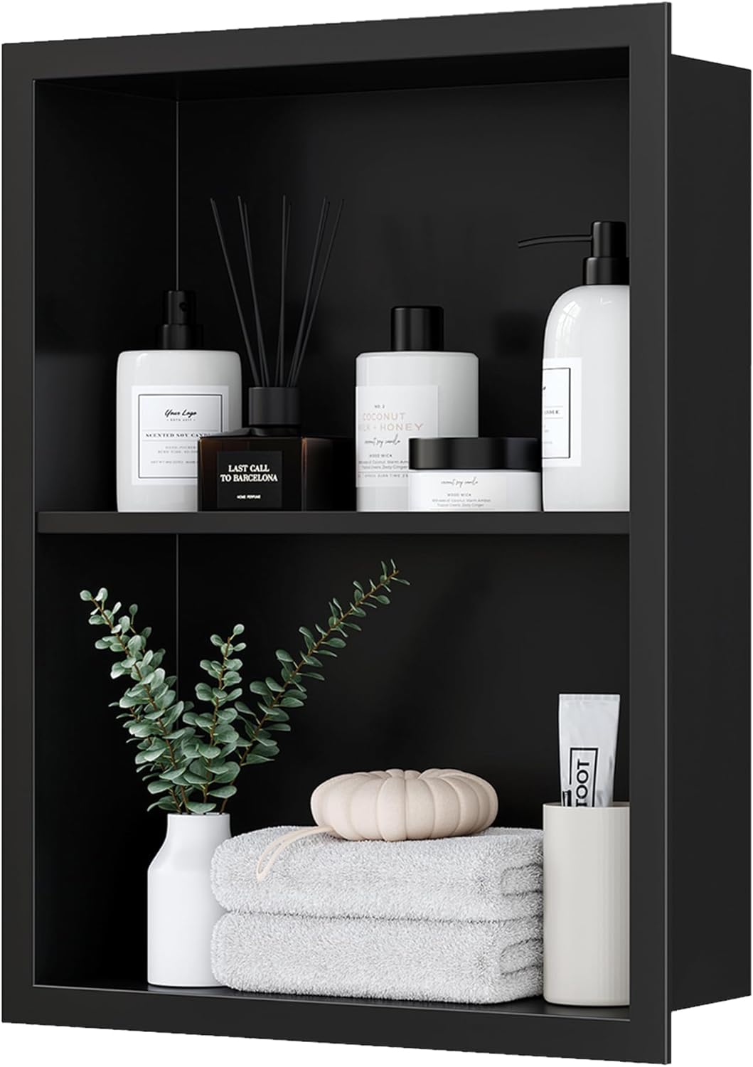 Qeke 14x18 Medicine Cabinet Recessed, Medicine Cabinet Without Mirror, 304 Stainless Steel Medicine Wall Niche with Double Shelves, Matte Black
