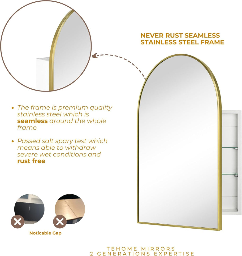 TEHOME 24 x 36'' Brushed Gold Arch Bathroom Medicine Cabinet with Mirror Recessed and Surface Mounted Medicine Cabinet Mirror