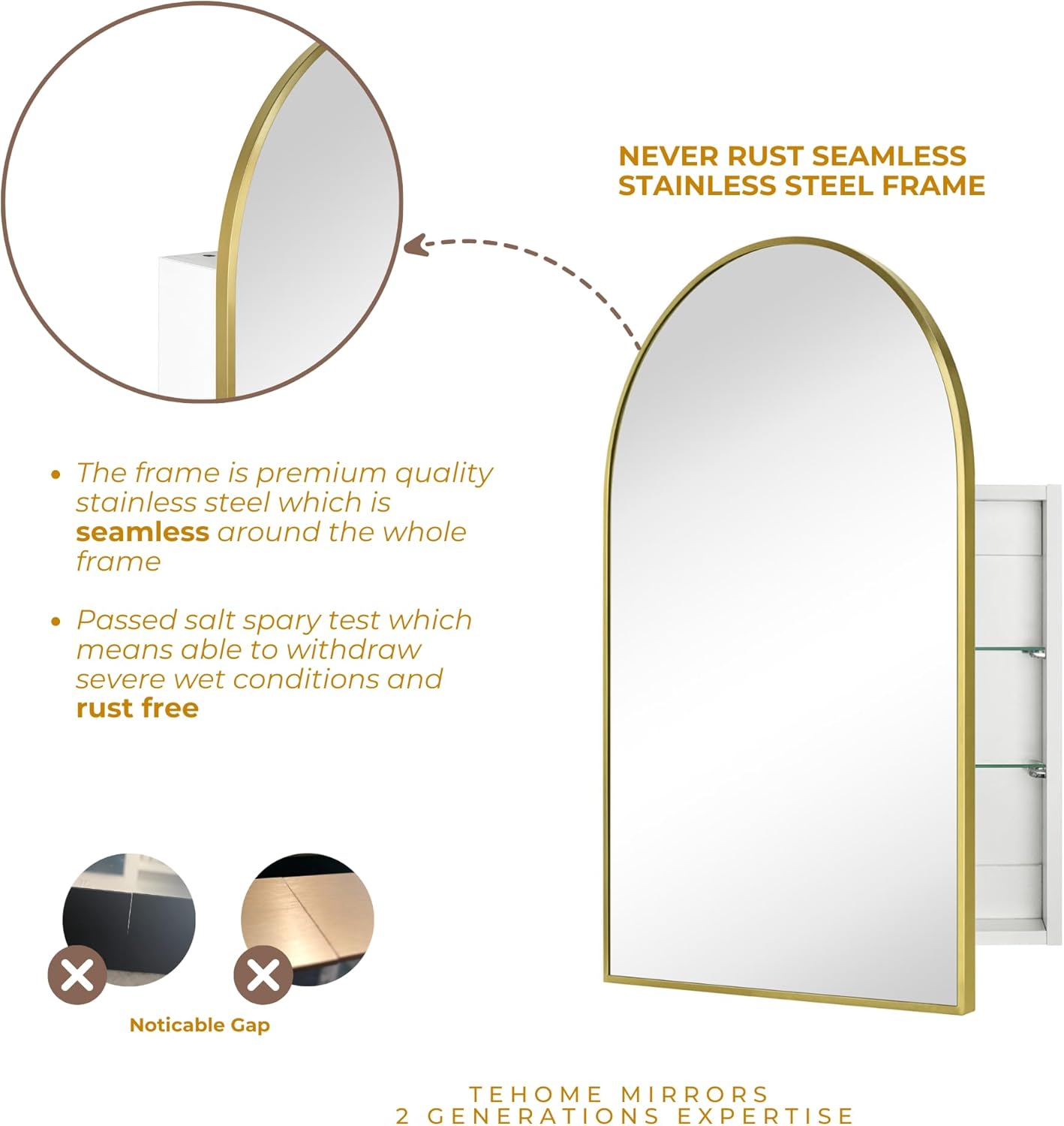 TEHOME 24 x 36'' Brushed Gold Arch Bathroom Medicine Cabinet with Mirror Recessed and Surface Mounted Medicine Cabinet Mirror