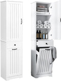 Tall Bathroom Storage Cabinet, Laundry Cabinet with Storage Shelf, Drawer, and Basket, Tilt Out Laundry Hamper, Narrow Storage Unit, for Bathroom, Living Room, Entryway, Kitchen (White)