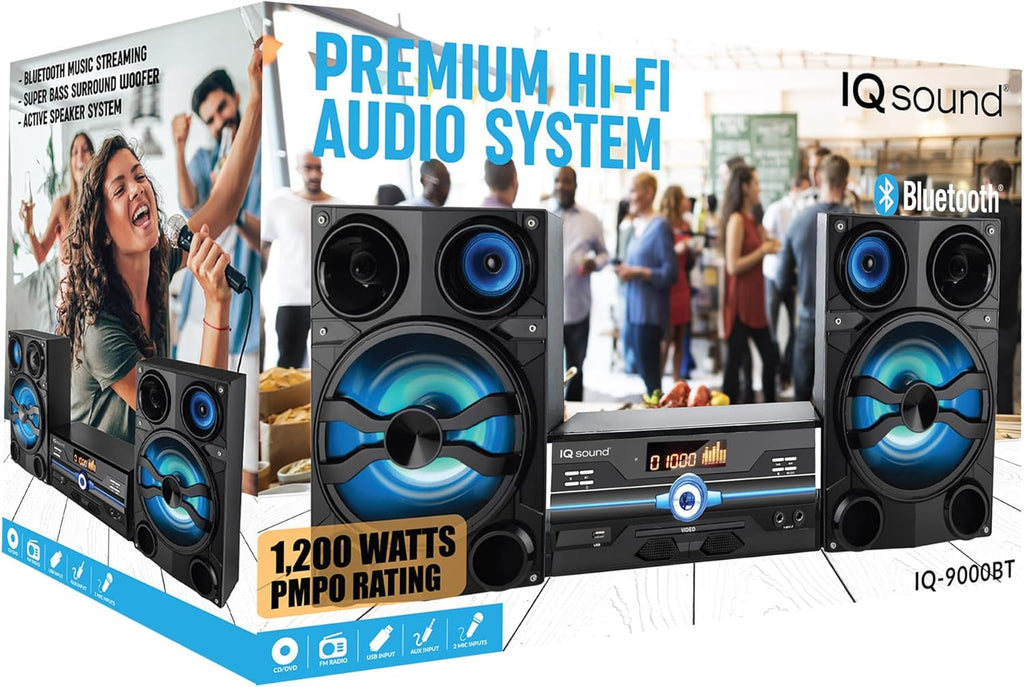 IQ Sound IQ-9000BT Premium 160W Hi-Fi Audio System with Bluetooth, DVD/CD/MP3/WMA Compatible, USB, FM Radio, LED Display, Speaker Lights, Remote Control, 2 Microphone Inputs, AV Output, AUX Input