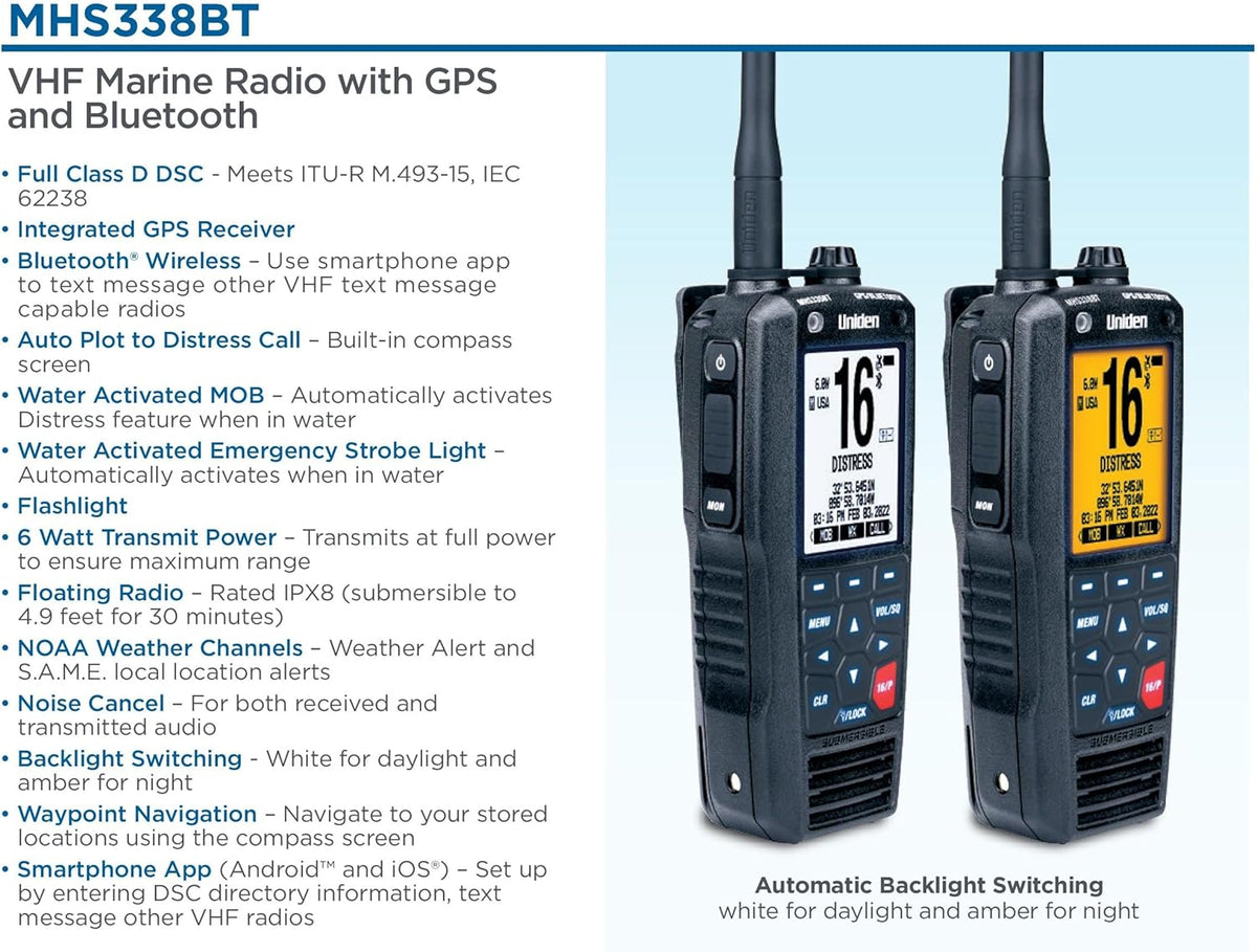 Uniden MHS338BT Floating, Handheld Marine VHF Radio, 6-Watts, GPS and Bluetooth, Submersible IPX8, Emergency Strobe & Flashlight, NOAA Weather Alerts, FM Radio, Chargeing Cradle & Li-ion Battery.