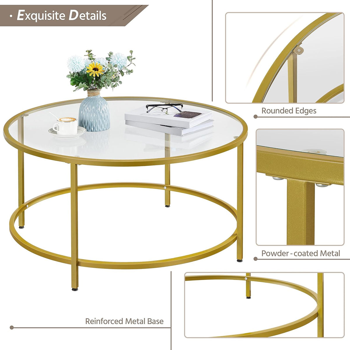 Yaheetech Coffee Table Set of 3, Round Coffee Table & 2pcs Accent End Table Easy Assembly w/Glass-Top Surface & Reinforced Frame for Living Room,Apartment,Small Space,Mustard Gold