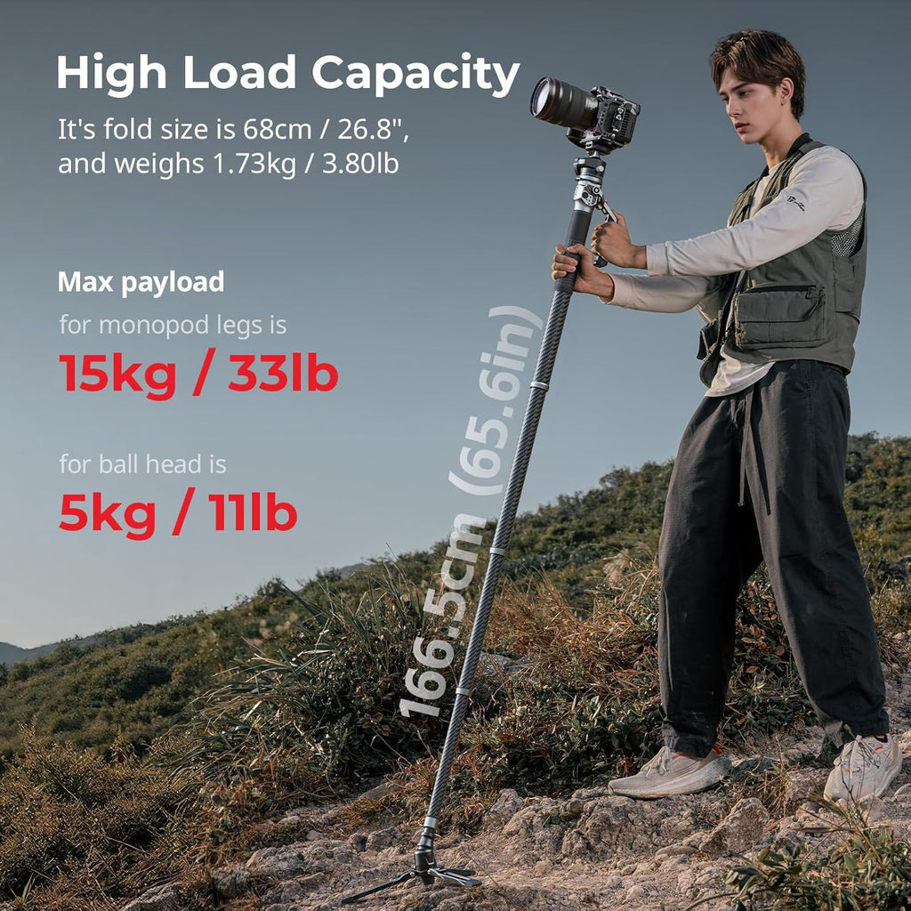 SmallRig 166.5cm / 65.6" Carbon Fiber Monopod for Camera, Compact Camera Monopod with One-Touch Height Adjustment, Max. 5kg Playload Ball Head, Storage Size of 68cm / 26.8", Weighs 1.72kg / 3.8lb
