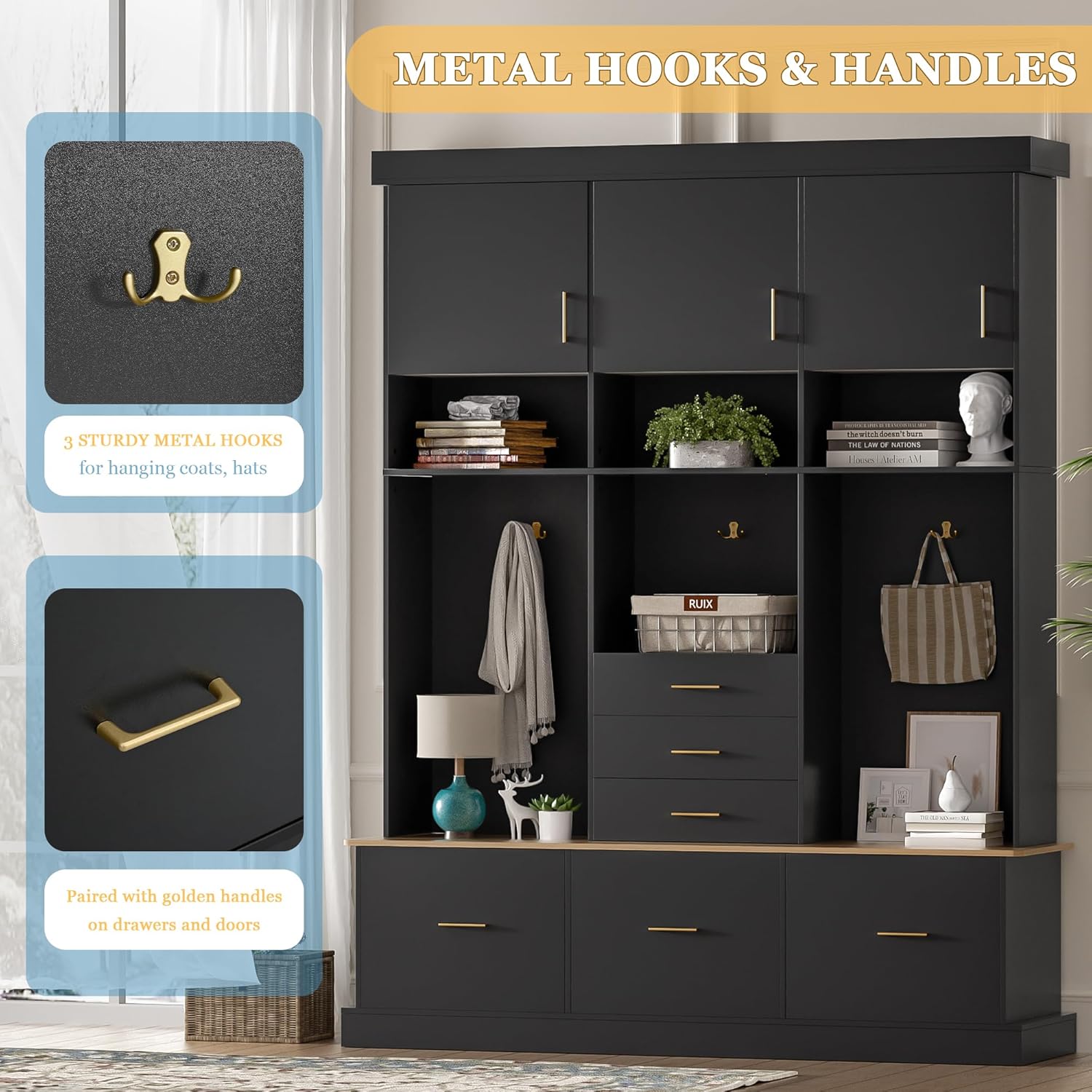Hall Tree with Storage Bench & Coat Rack 58''W Modern Tall Entryway Oranizer Cabinet with 6 Drawers, 3 Metal Hooks for Living Room Hallway Mudroom, Black