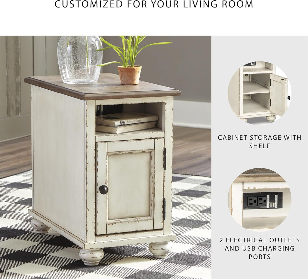 Signature Design by Ashley Realyn French Country Chair Side End Table, Cabinet Storage with Shelf, Outlets and USB Ports, Wood, 14" W x 24" D x 23.13" H, Cream