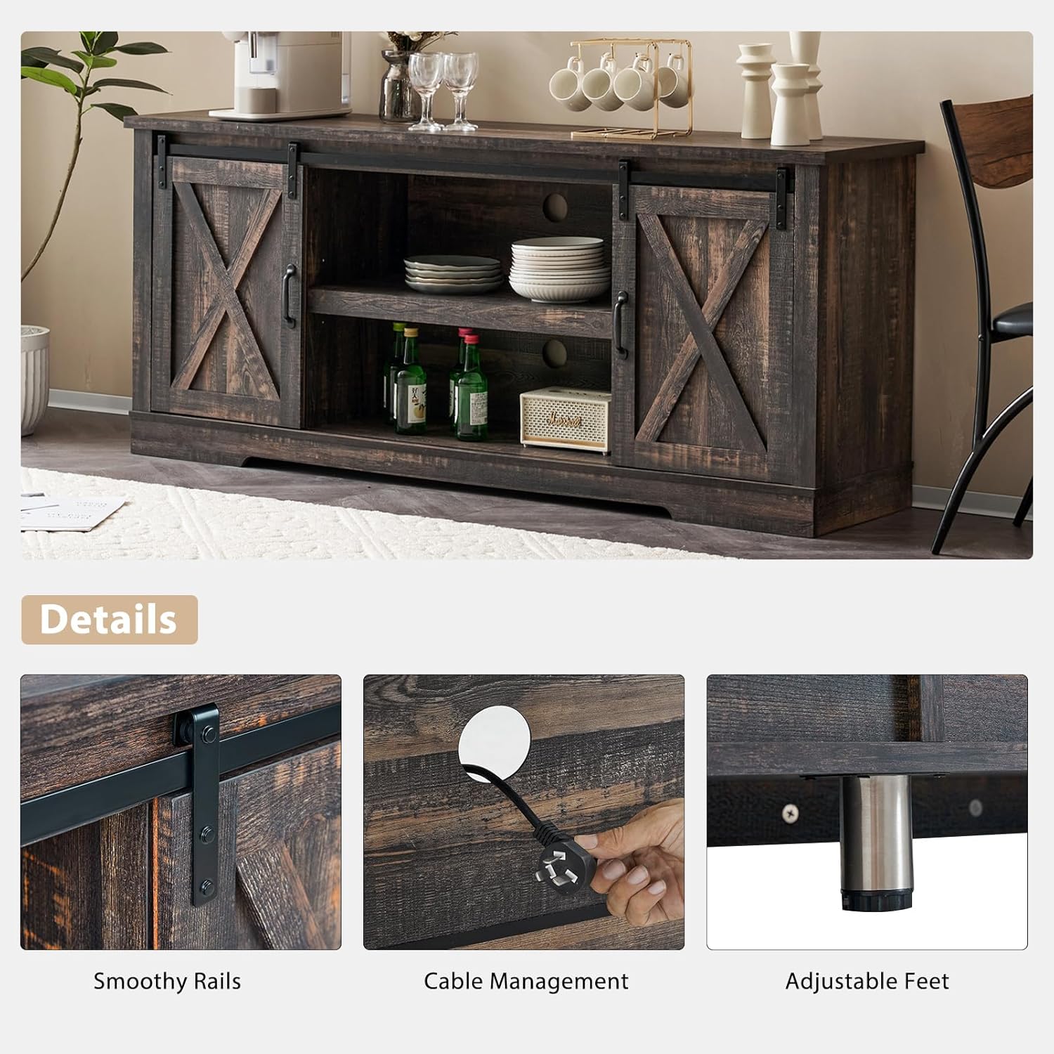 AMERLIFE 4-Piece Farmhouse Table Set Includes Sliding Barn Door TV Stand, Coffee Table& Two End Tables, Side Table with Charging Station and USB Ports, for Living Room, Dark Oak, 66"