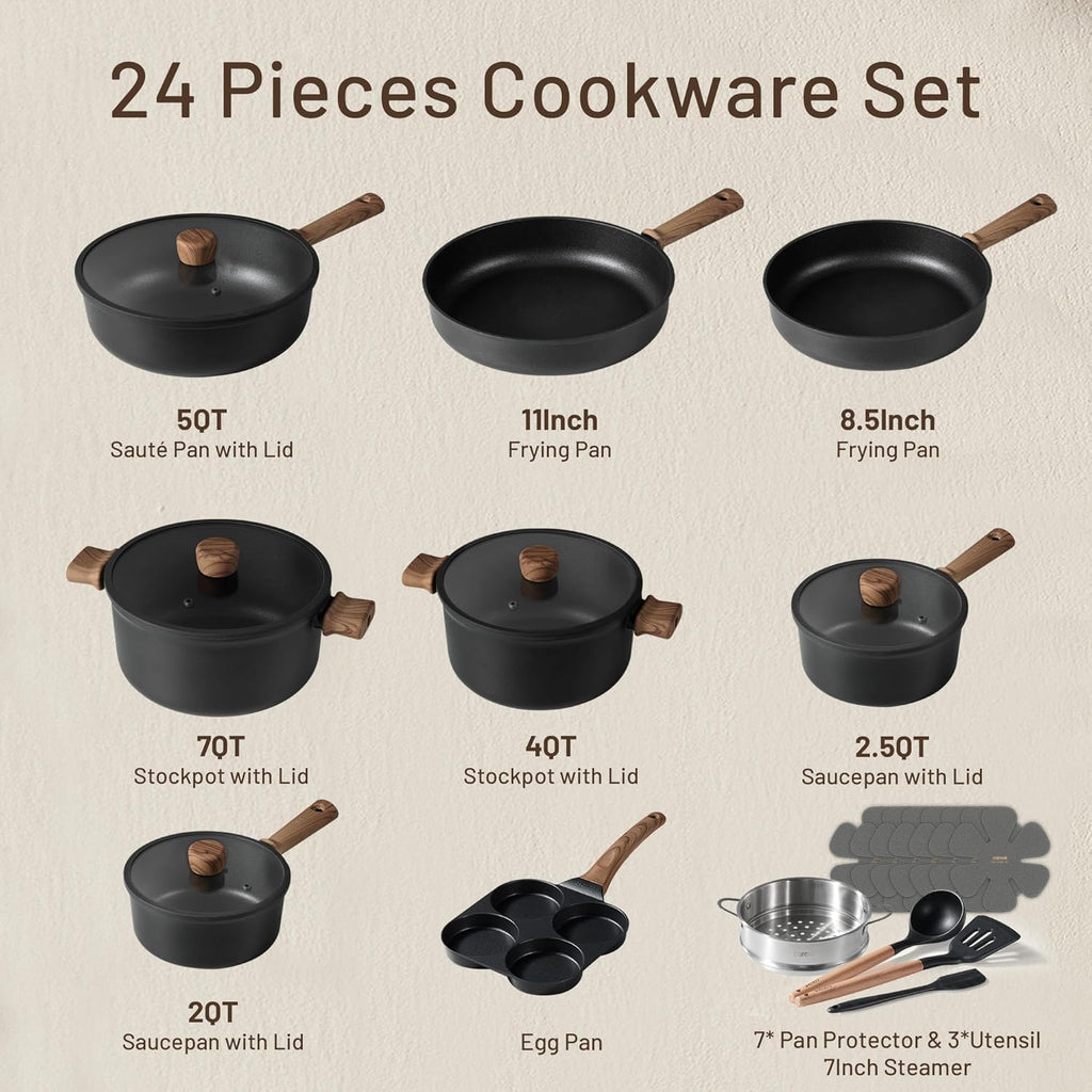 CAROTE 24Pcs Nonstick Kitchen Titanium Cookware Sets, Non stick Pots and Pans set, Induction Cookware Set Black