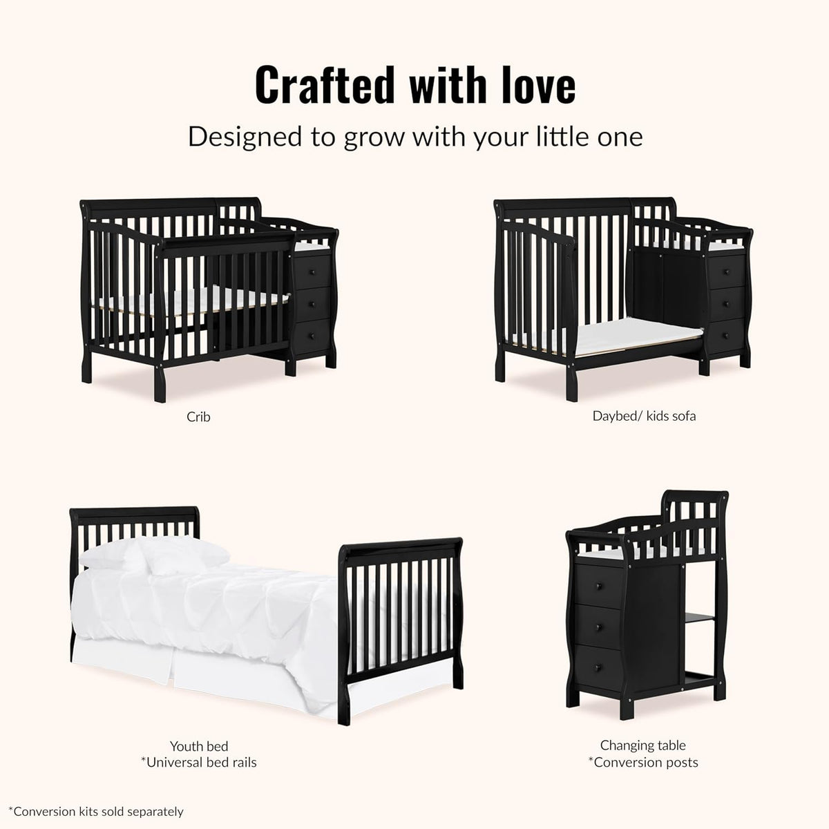 Dream On Me Jayden 4‑in‑1 Mini Convertible Baby Crib & Changer with Storage in Black, Pinewood, GreenGuard Gold & BSA, 1” Mattress Pad, 3 Mattress Heights, Converts to Mini Day & Twin-Size Bed