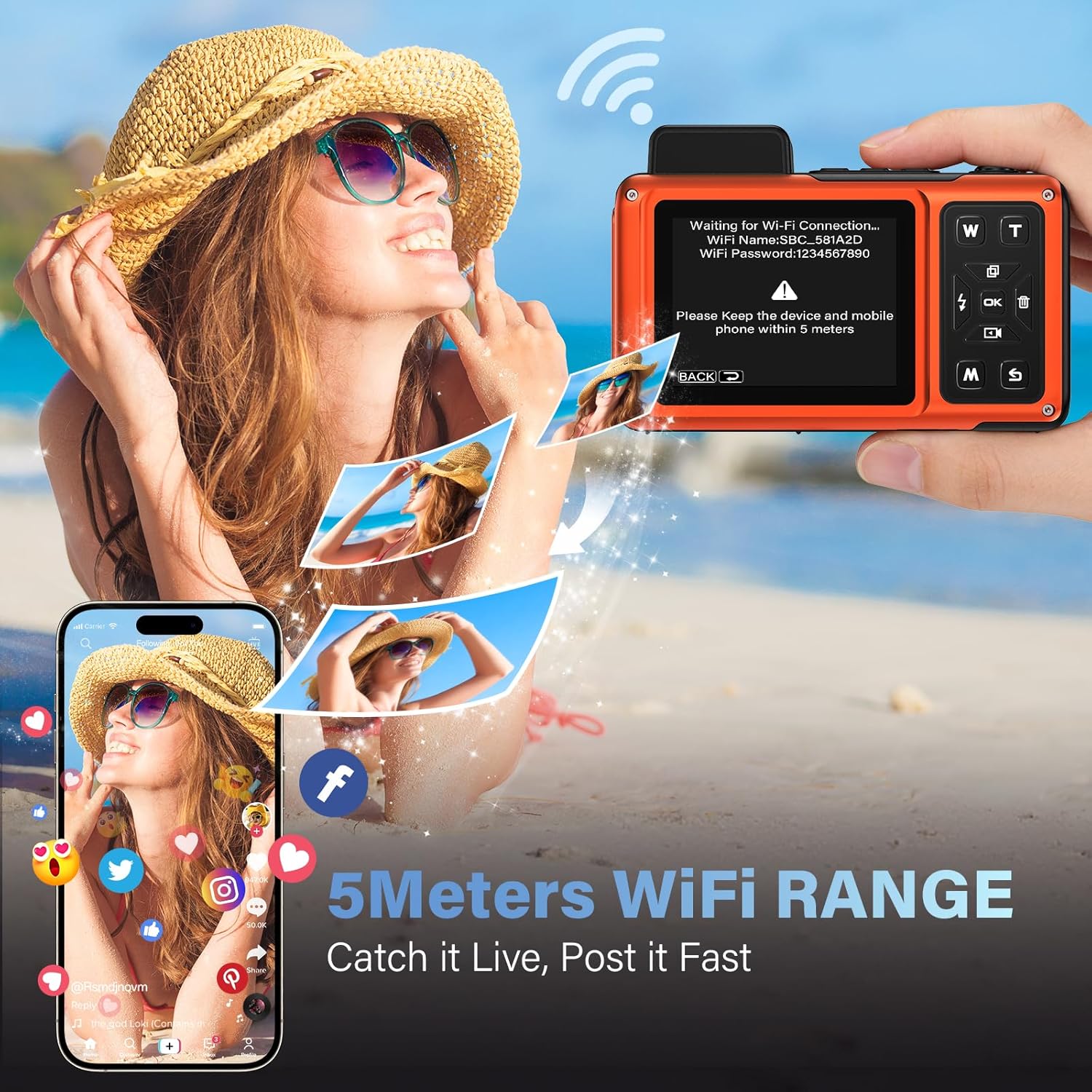 Maxmango V08 Pro 49FT Underwater Camera - 8K 90MP WiFi Waterproof Digital Camera with Touchscreen, Dustproof Shockproof Rugged Camera for Snorkeling, 64GB Point and Shoot Digital Digital Cam - Orange