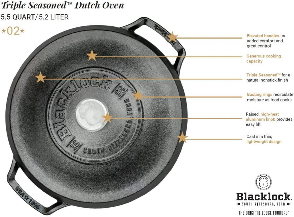 Lodge Blacklock 5.5 Qt Triple Seasoned Cast Iron Dutch Oven with Lid - Nonstick Finish - Premium Cookware