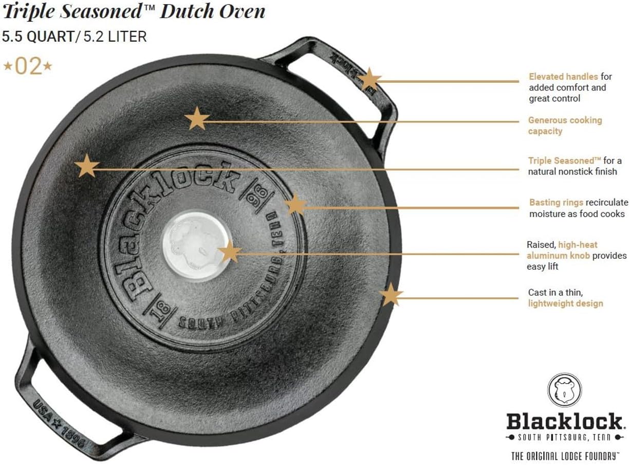Lodge Blacklock 5.5 Qt Triple Seasoned Cast Iron Dutch Oven with Lid - Nonstick Finish - Premium Cookware