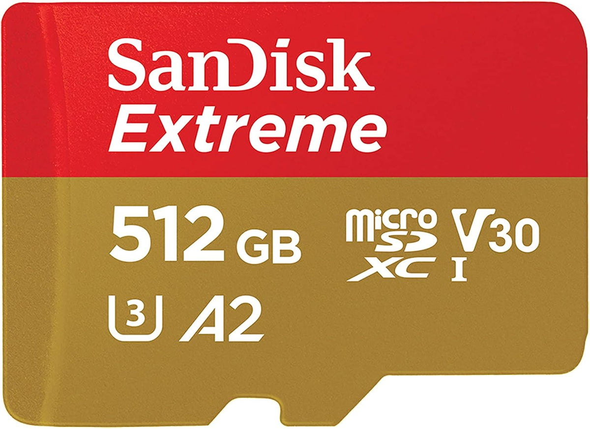 SANDISK 512GB Extreme microSDXC UHS-I Memory Card with Adapter - C10, U3, V30, 4K, 5K, A2, Micro SD Card - SDSQXAV-512G-GN6MA