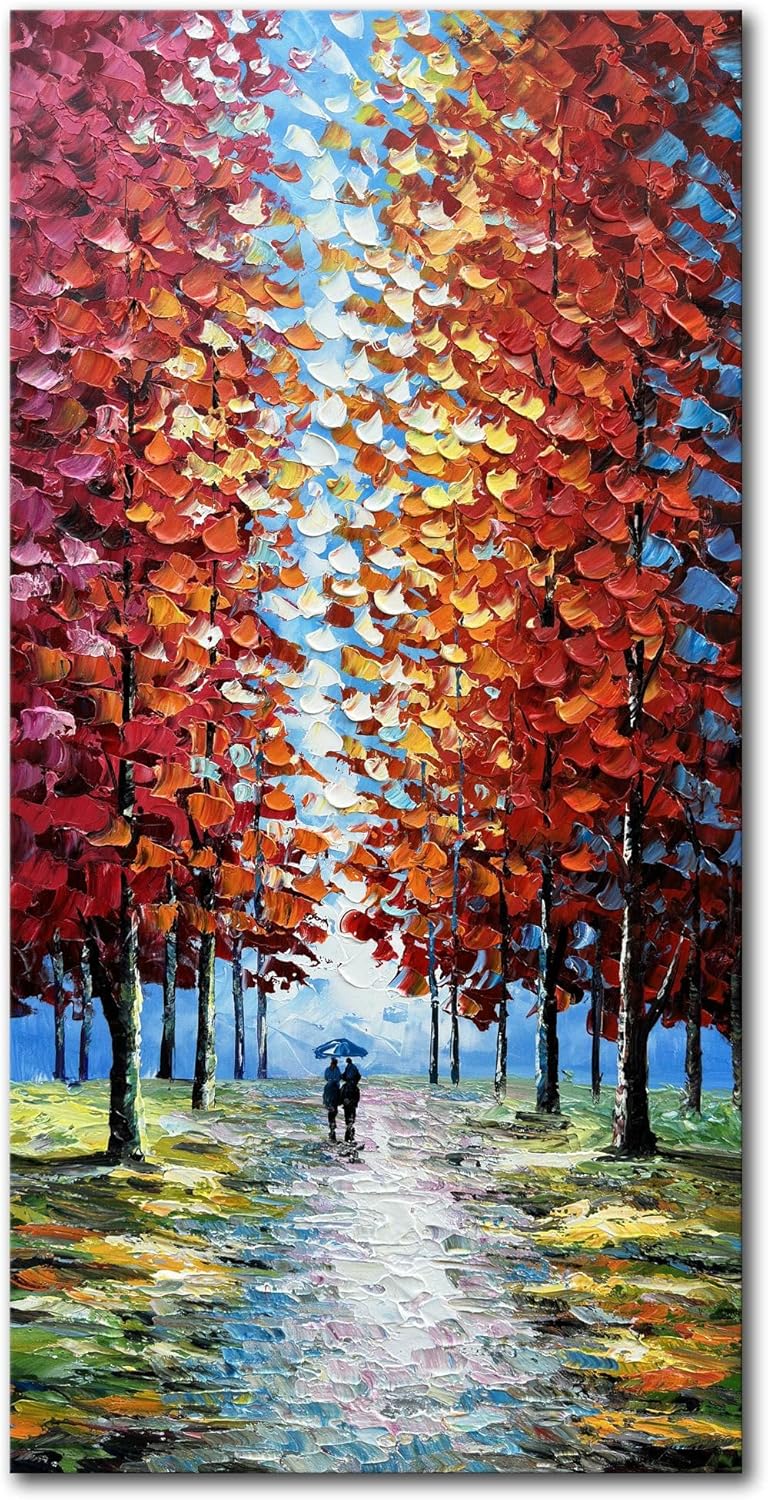 Alenoss Hand Painted 3D Abstract Oil Paintings on Canvas 24x48 Inches Large Modern Forest Landscape Vertical Red Canvas Wall Art Framed Artwork for Living room Bedroom Tree Art Decor