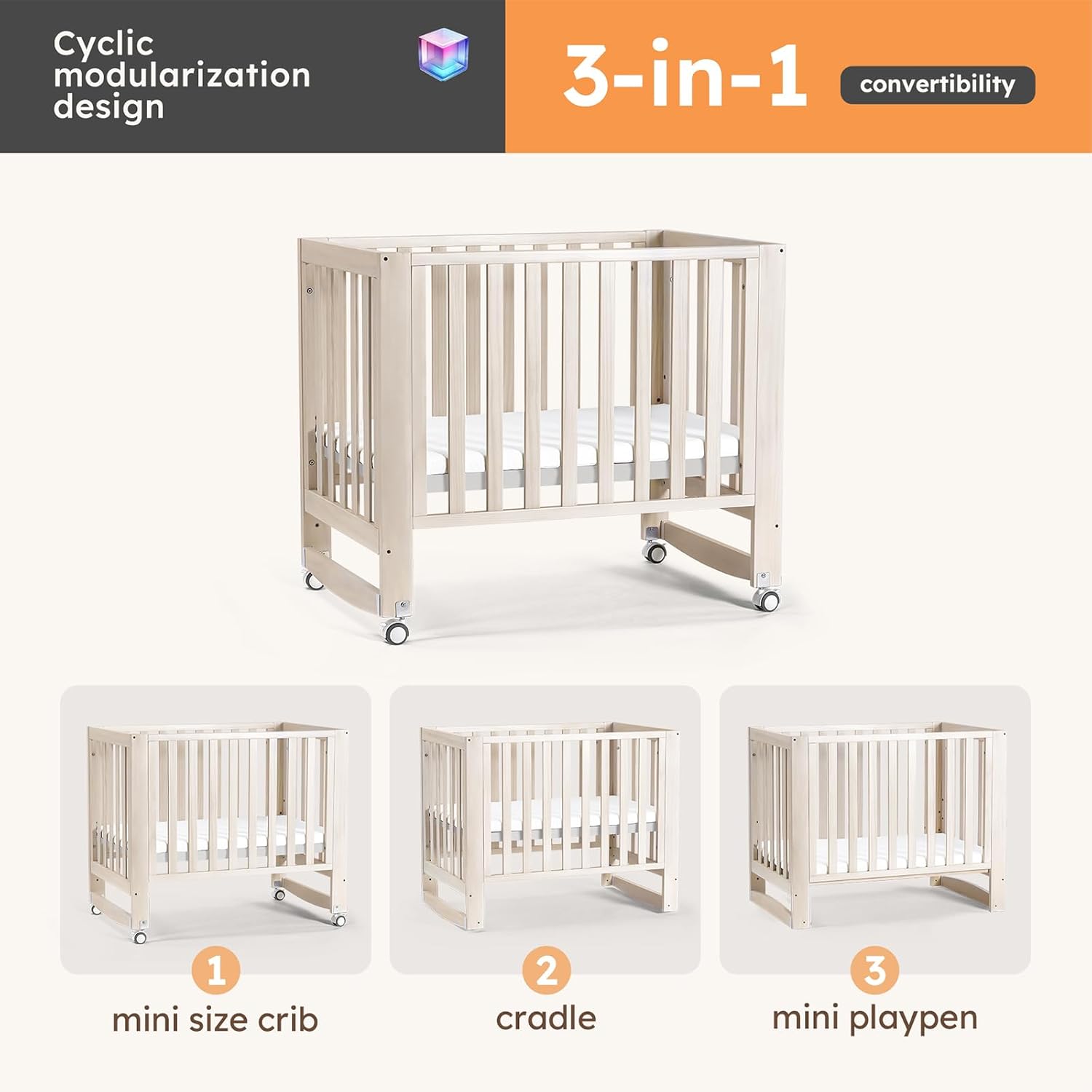 MAMAZING EvoNest Baby Crib, 3 in 1 Convertible Mini Crib with Wheels, 100% New Zealand Wood Crib, 4 Adjustable Mattress Height, GREENGUARD Gold Certified, Washed Natural