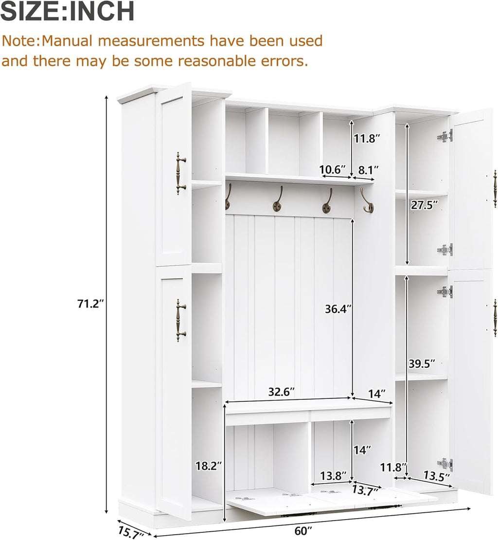Farmhouse Elegant Hall Tree with 4 Side Cabinets, All-in-One Mudroom Furniture with Adjustable Shelves & Open Cubbies, Beadboard Entryway Bench with Coat Rack & 5 Hooks for Hallway (White-5.7)