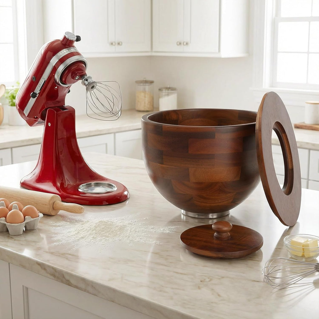 Wood Mixing Bowl Compatible with 4.5-5 Qt Tilt-Head Stand Mixers with Lid Cover - Natural True Acacia Wooden Bowls, 5 Quart Kitchen Aid Bowls for Mixer with Stainless Steel Locking Base.