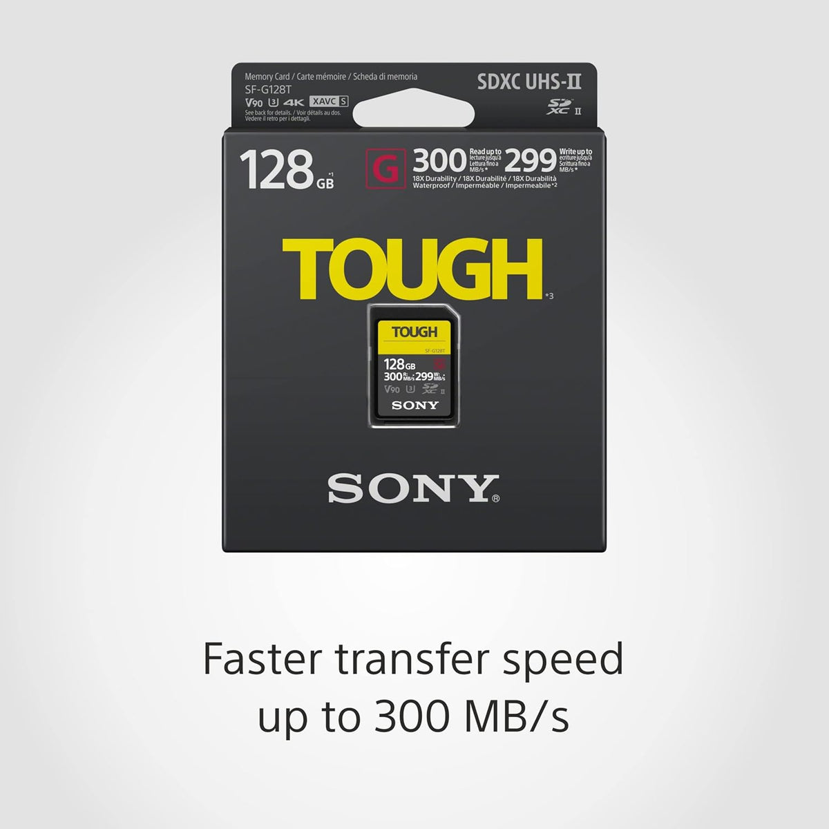 Sony TOUGH-G series SDXC UHS-II Card 128GB, V90, CL10, U3, Max R300MB/S, W299MB/S (SF-G128T/T1)