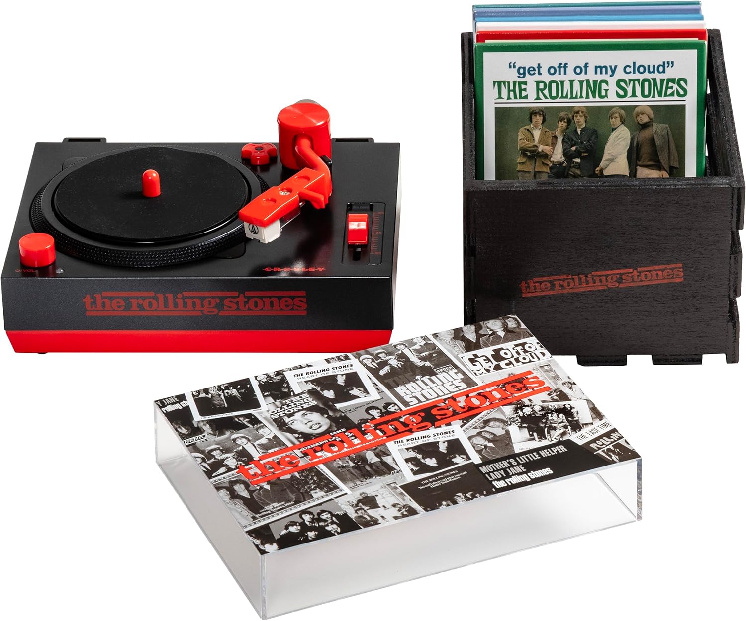 Crosley CR6037BT-RS Rolling Stones RSD3 Mini Turntable with Crate and Six 3-Inch Singles