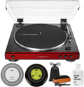 Audio-Technica AT-LP60XBT-RD Fully Automatic Belt-Drive Bluetooth Stereo Turntable, Red/Black Bundle with Record Care Solution, Deco Gear Cleaning Kit, Stroboscope and Record Stabilizer