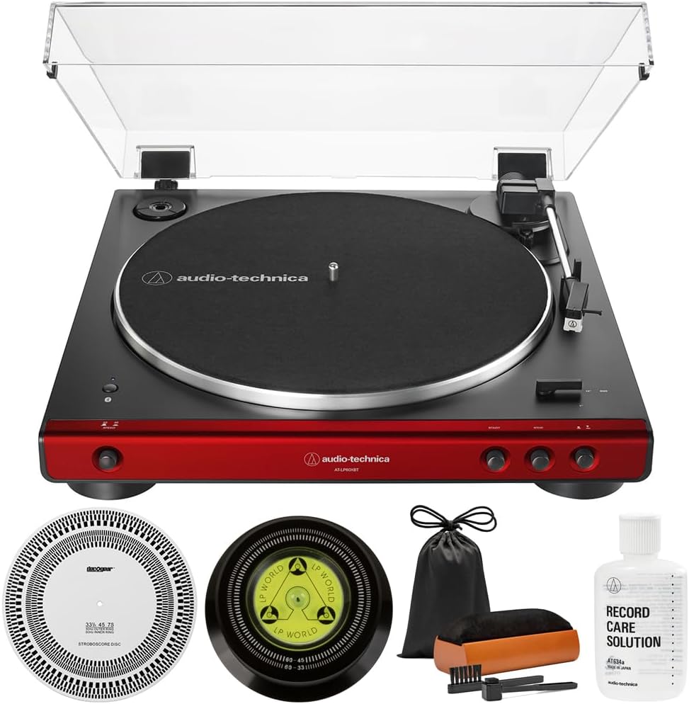 Audio-Technica AT-LP60XBT-RD Fully Automatic Belt-Drive Bluetooth Stereo Turntable, Red/Black Bundle with Record Care Solution, Deco Gear Cleaning Kit, Stroboscope and Record Stabilizer