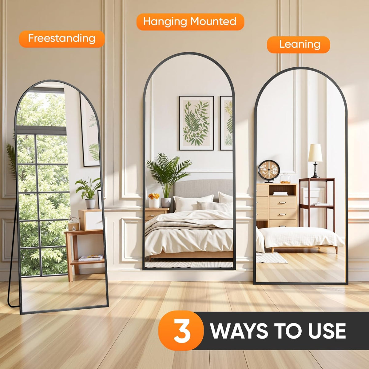 Suidia Full Length Mirror, 71"x32" Floor Standing Mirror Freestanding, Full Body Mirrors with Stand for Bedroom, Hanging Mounted for Living Room Cloakroom, Black, Arched Style