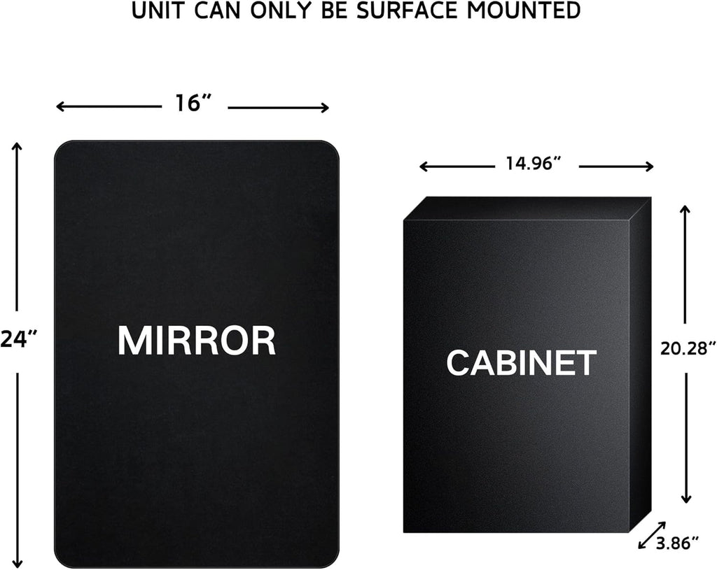 TEHOME Surface Mount 16x24 Black Bathroom Medicine Cabinet with Mirror Matt Black Metal Framed Rounded Rectangle Medicine Cabinet with Beveled Mirror