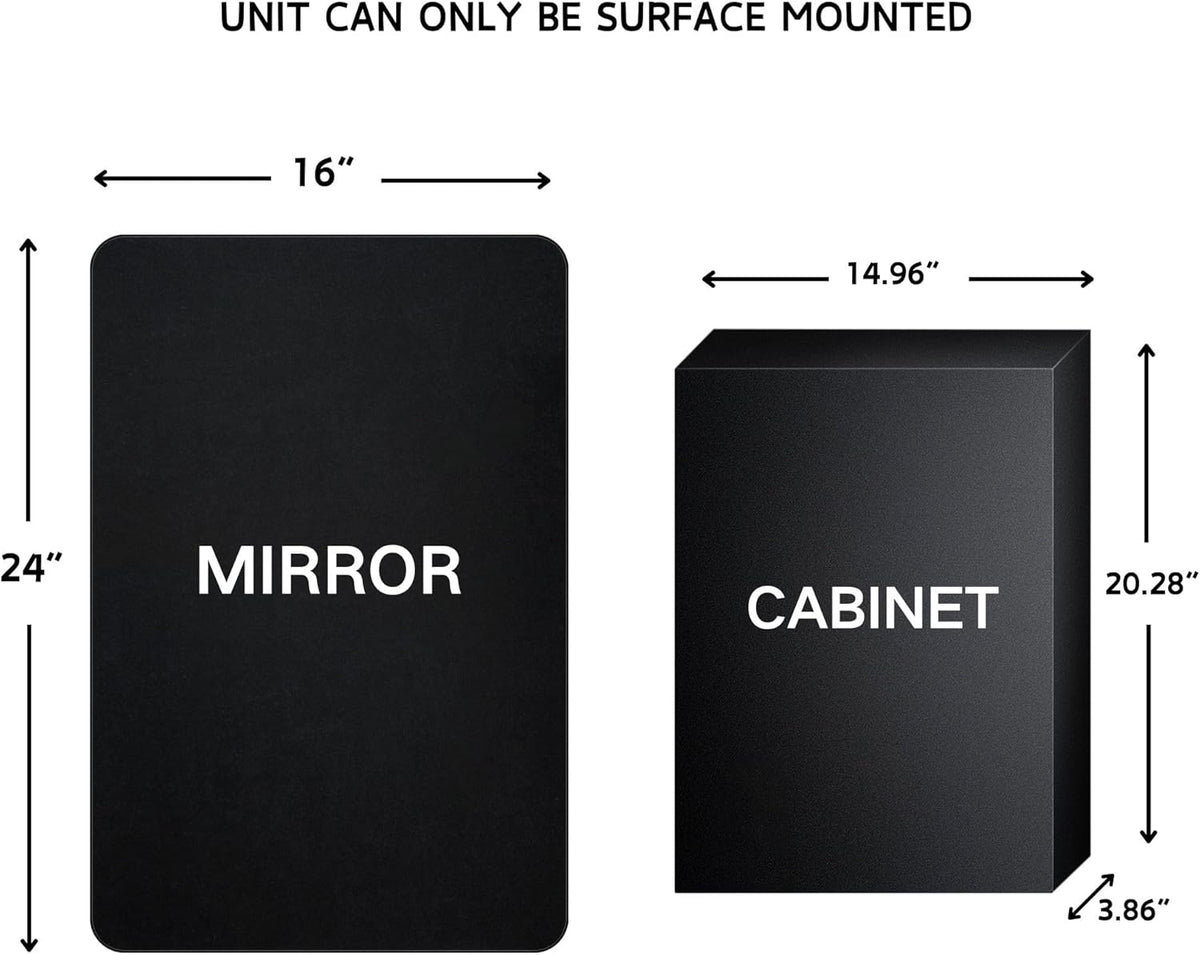 TEHOME Surface Mount 16x24 Black Bathroom Medicine Cabinet with Mirror Matt Black Metal Framed Rounded Rectangle Medicine Cabinet with Beveled Mirror