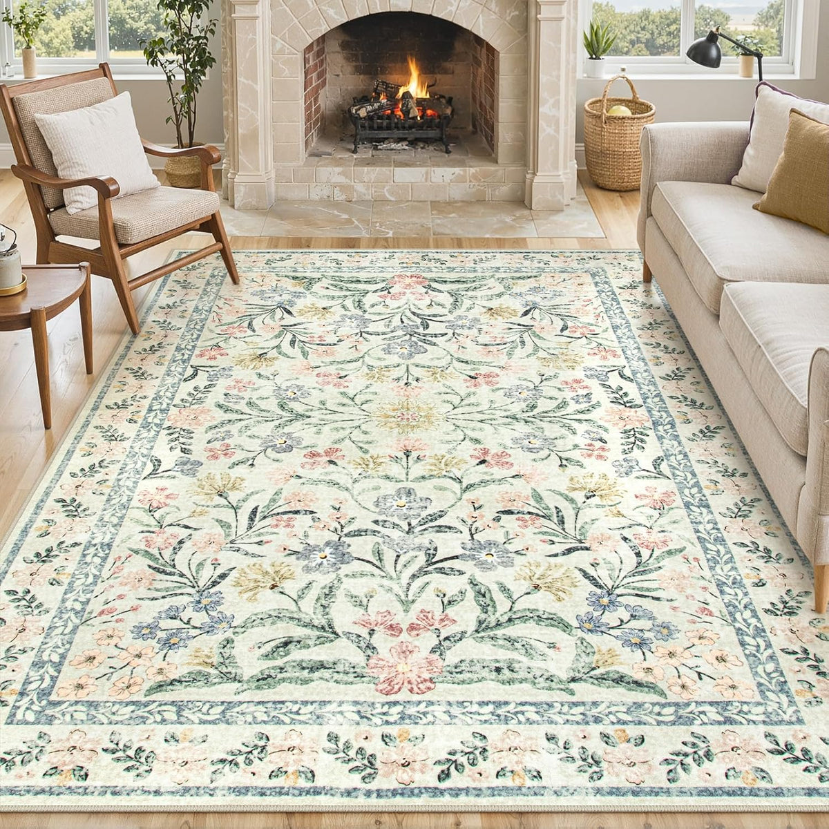 Lahome Sylvie Boho Rugs for Living Room, Washable Large 8 x 10 Area Rugs for Bedroom Non Slip, Soft Ultra-Thin Distressed Floral Throw Carpet for Office Dining Room, Cream/Multi