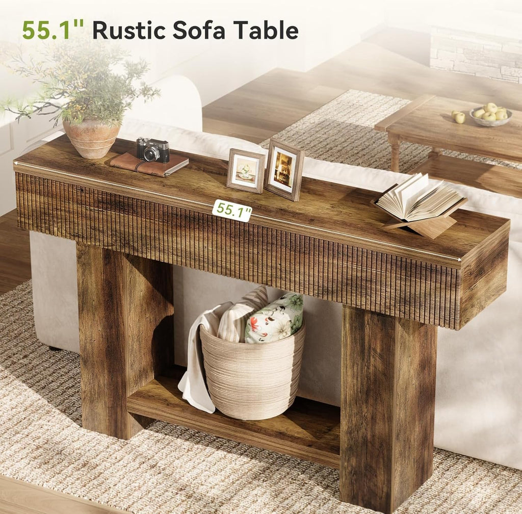 LITTLE TREE 55-Inch Entryway Table with Storage, Farmhouse Console Table for Hallway, 2-Tier Sofa Table for Behind Couch, Rustic Wood Console Table for Living Room & Foyer