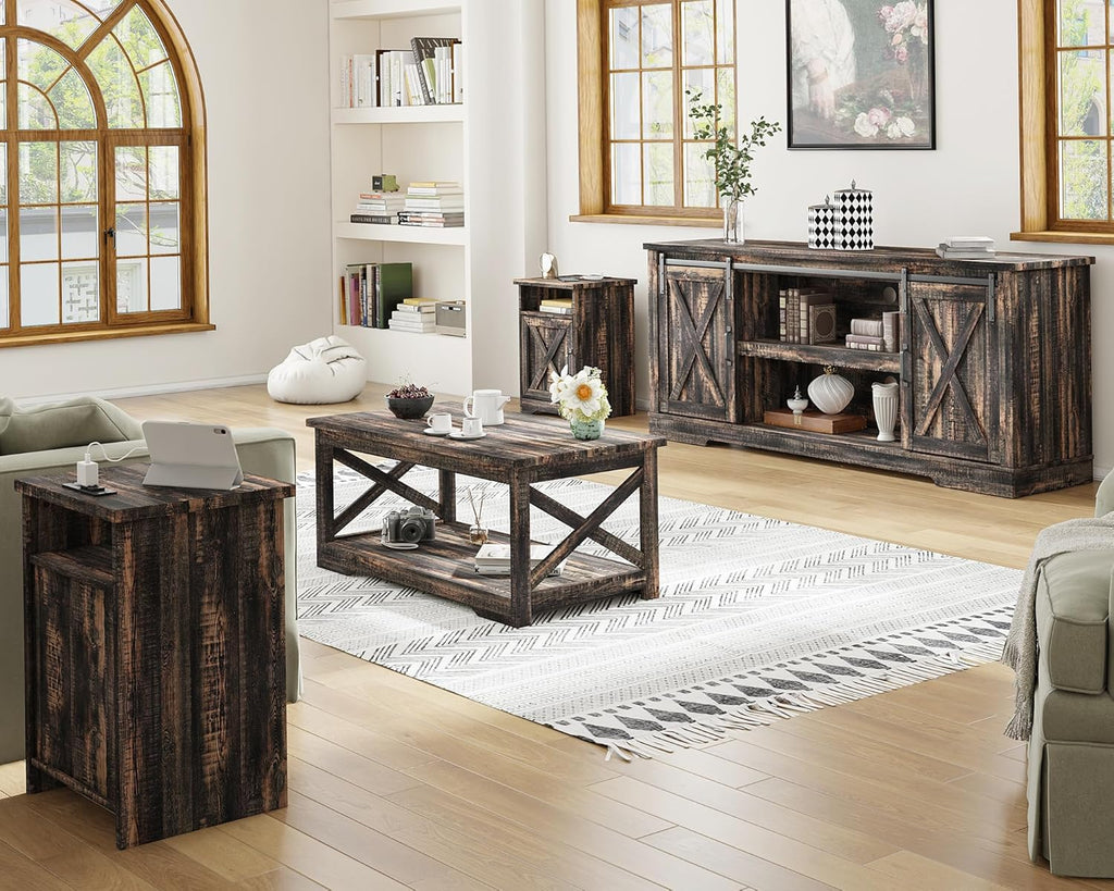 AMERLIFE 4-Piece Farmhouse Table Set Includes Sliding Barn Door TV Stand, Coffee Table& Two End Tables, Side Table with Charging Station and USB Ports, for Living Room, Dark Oak, 66"