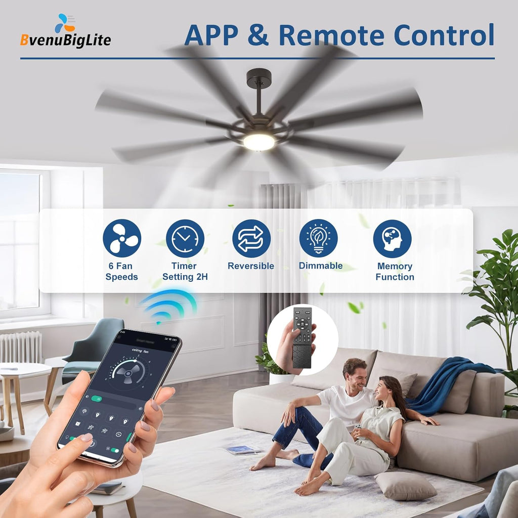 Large Ceiling Fans with Lights: Modern 72 Inch 8 Blade Outdoor Ceiling Fan with Remote APP Control - Dimmable Black Big Fan light Indoor Reversible 6 Speed Quiet DC Motor