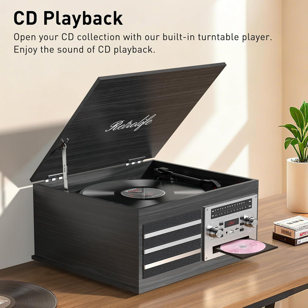 Vinyl Record Player 10-in-1 Music Center Turntable Built-in Speakers Support 3 Speed BT Wireless Input/Output AM/FM Radio CD Tape Cassette Player Aux RCA Auto Stop Vinyl Recording to USB/TF Card Black