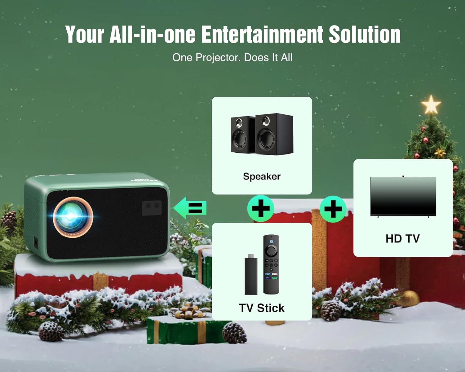 TMY 4K Projector with WiFi Bluetooth, Compatible with Netflix/Prime Video/YouTube, Outdoor Portable Home Theater Movie Projector, Smart Projector for Indoor Outdoor Movies, Gaming and Camping (Green)