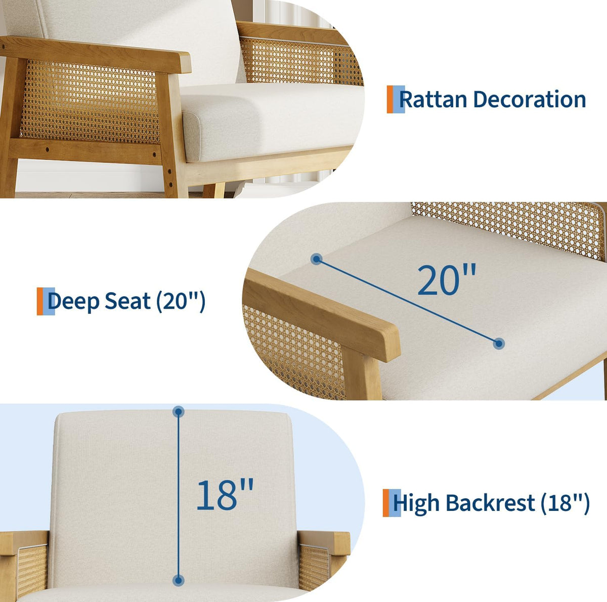 IDEALHOUSE Rattan Accent Chair, Linen Armchair, Upholstered Reading Chair with Wooden Frame and High Back, Leisure Chairs for Living Room Bedroom Waiting Room Reception, Beige