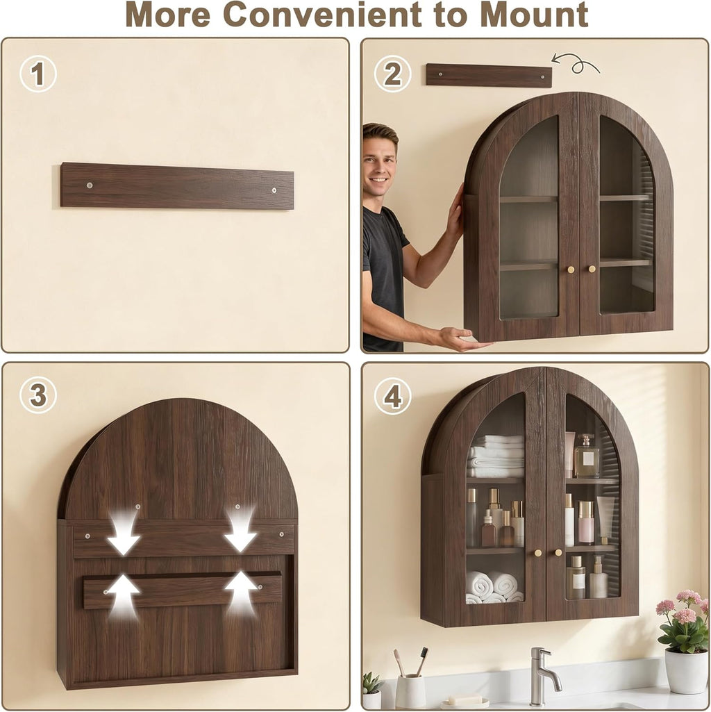 Arched Wall Cabinet, Bathroom Cabinet Wall Mount with Glass Doors & Adjustable Shelf, Floating Medicine Cabinet for Bathroom, Kitchen, Living Room Storage, Walnut