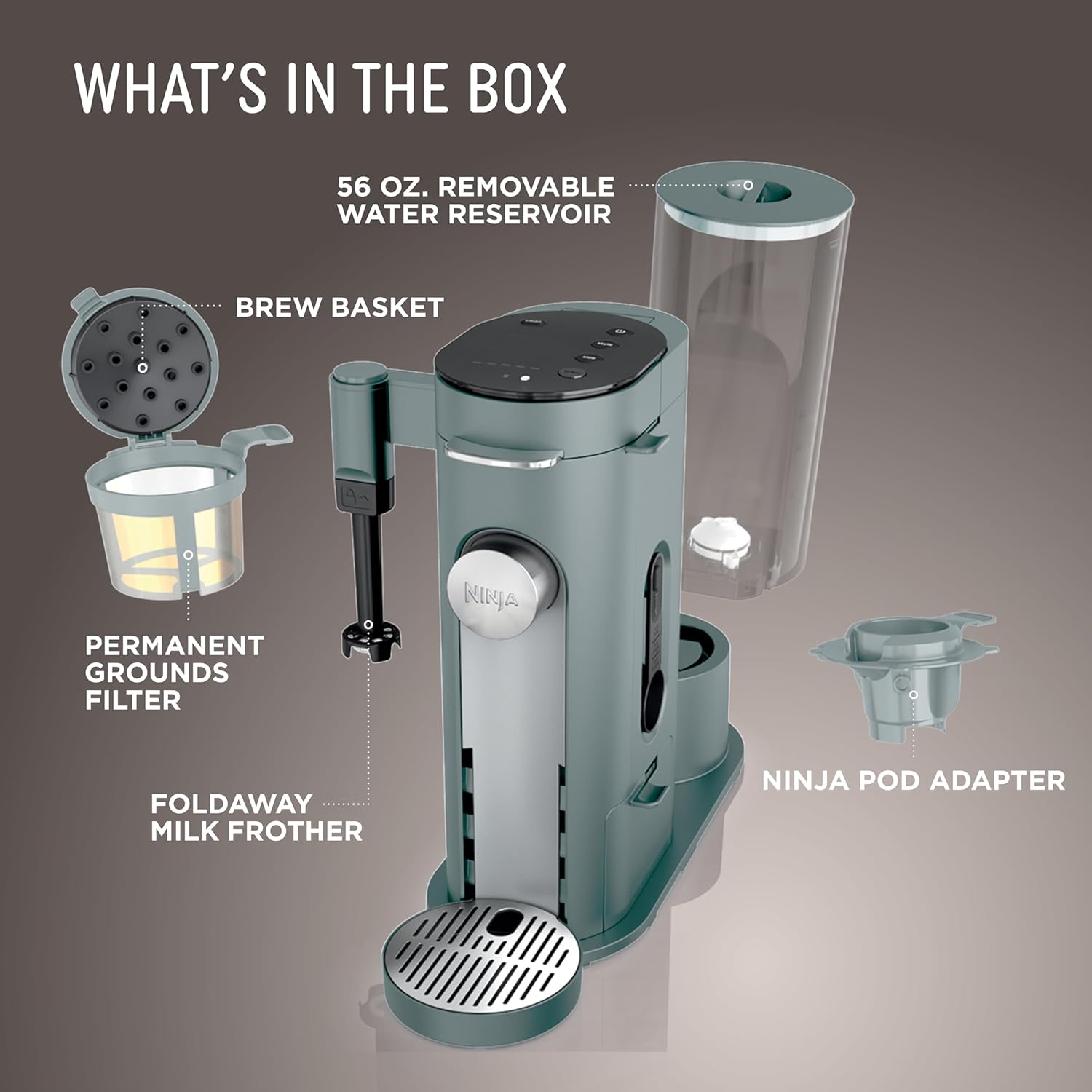 Ninja Pods & Grounds Specialty Single-Serve Coffee Maker, K-Cup Pod Compatible, Built-In Milk Frother, 6-oz. Cup to 24-oz. Travel Mug Sizes, Iced Coffee Maker, 1550 watts, Sage Green, PB051SG