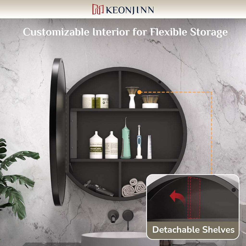 Keonjinn 30 Inch Round Lighted Medicine Cabinet, Black LED Medicine Cabinet Mirror, Circle, Electrical Outlet, 3 Color Lights, Anti-Fog, Dimmable, Surface Mount Only
