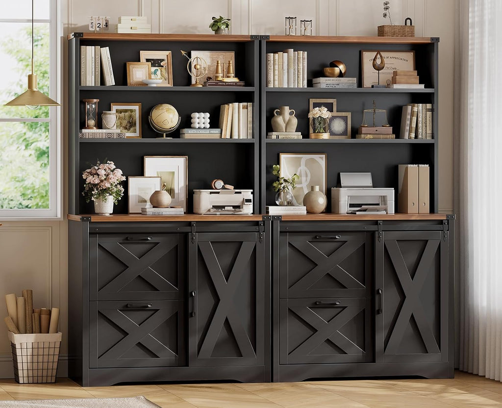 SEDETA 2 Drawer Filing Cabinet, Farmhouse File Cabinet for Home Office fits Legal/Letter/A4 File, Office File Cabinets with Printer Stand, Sliding Bar Door and Storage Bookshelf, Black + Brown