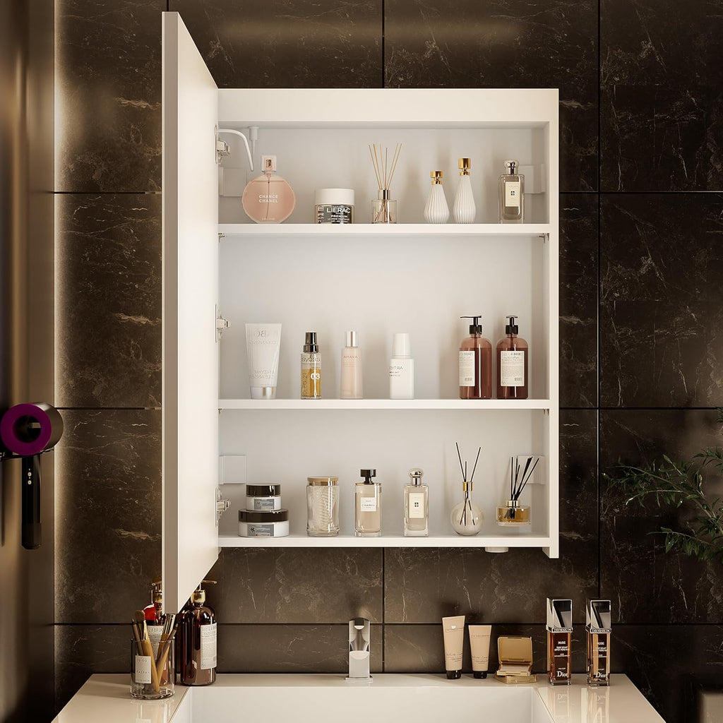 28 x20Inch LED Medicine Cabinet Mirror with Lights for Bathroom,Defogger,Stepless Dimmable, 3000K/5500K Color Temperature Wall Mounted Makeup Mirror,Adjustable Shelf (Assembly Required)