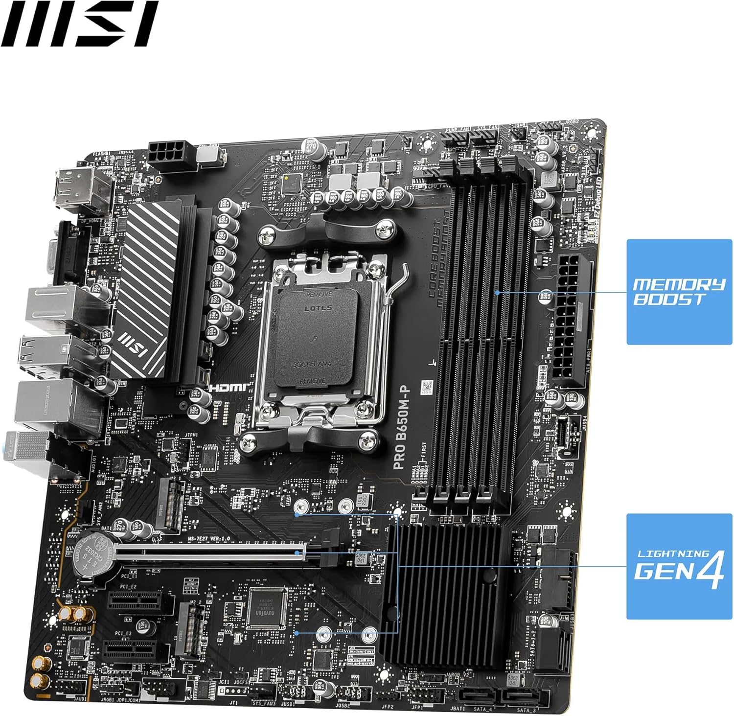 MSI Pro B650M-P AM5 mATX Motherboard, AMD B650 Chipset, 4X DDR5 Slots, 192GB Max Memory, 1x PCI-E x16, 2X M.2 Storage Slot, 4X SATA 6G, Realtek 8125BG 2.5G LAN, HDMI/DP/VGA - Black